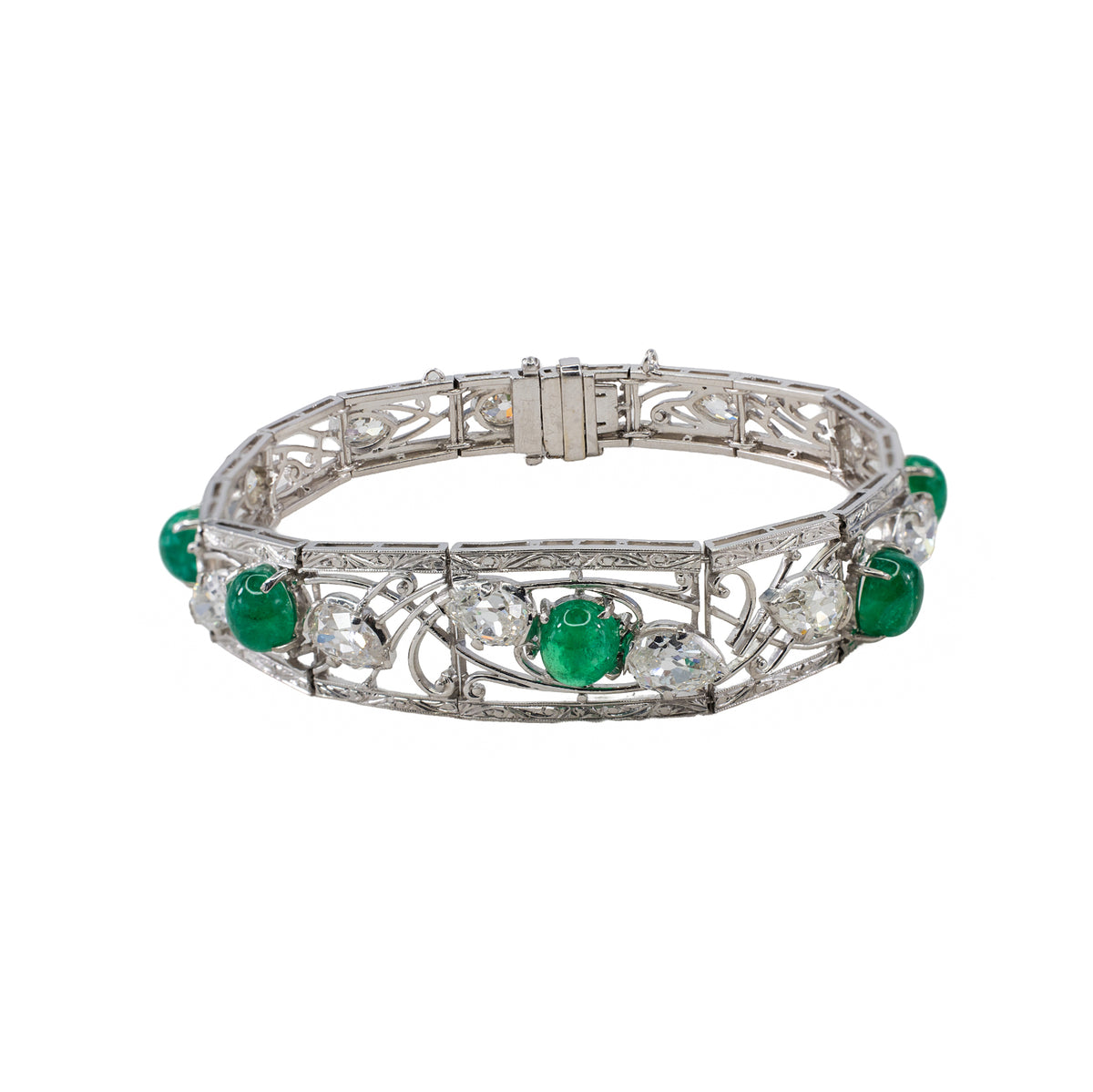 Art Deco Cabochon Emerald and Pear Shape Diamond Bracelet in Platinum