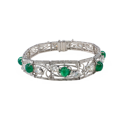 Art Deco Cabochon Emerald and Pear Shape Diamond Bracelet in Platinum