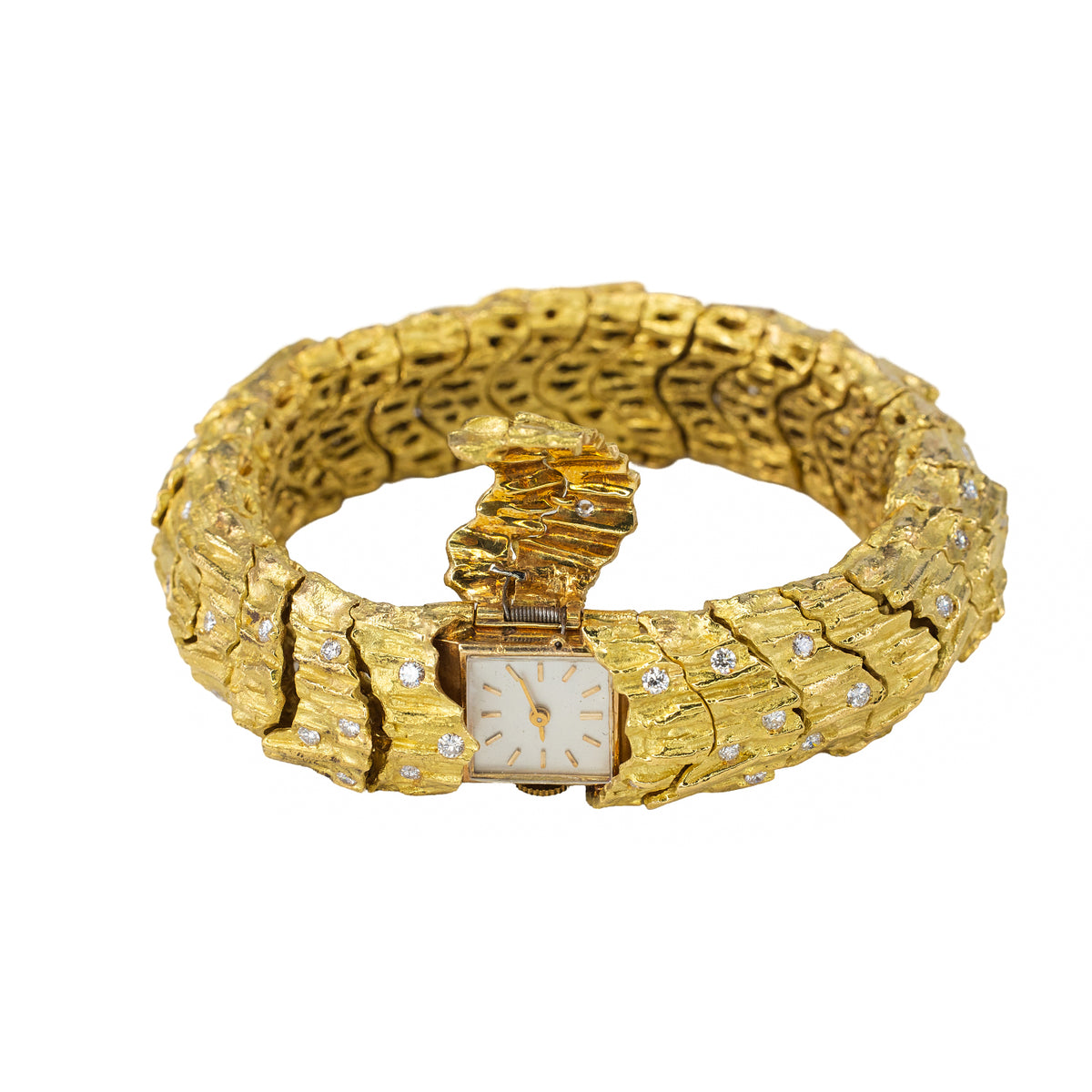 Vintage Textured Gold and Diamond Secret Cover Watch Bracelet