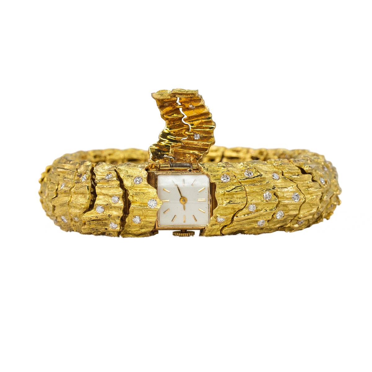 Vintage Textured Gold and Diamond Secret Cover Watch Bracelet