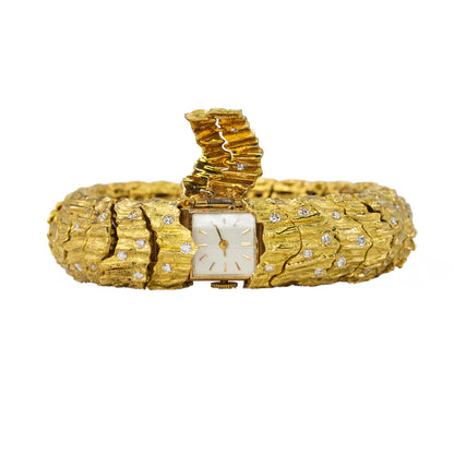 Vintage Textured Gold and Diamond Secret Cover Watch Bracelet