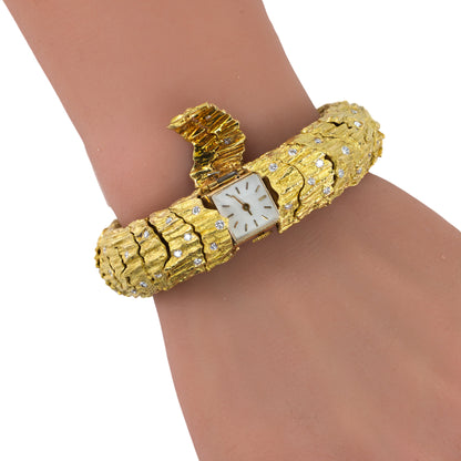 Vintage Textured Gold and Diamond Secret Cover Watch Bracelet