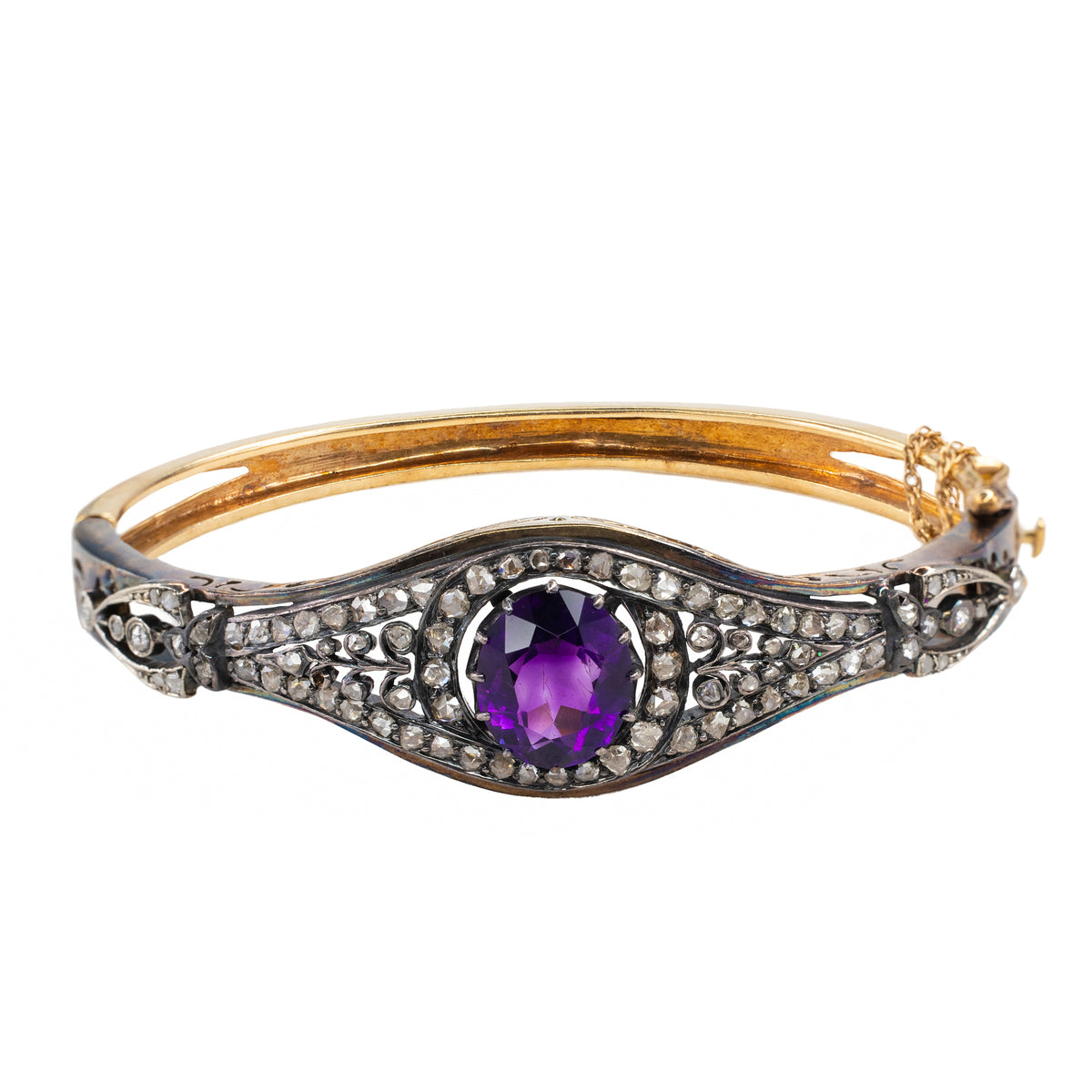 Antique Oval Amethyst and Rose Cut Diamond Bangle Bracelet