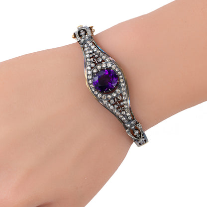 Antique Oval Amethyst and Rose Cut Diamond Bangle Bracelet