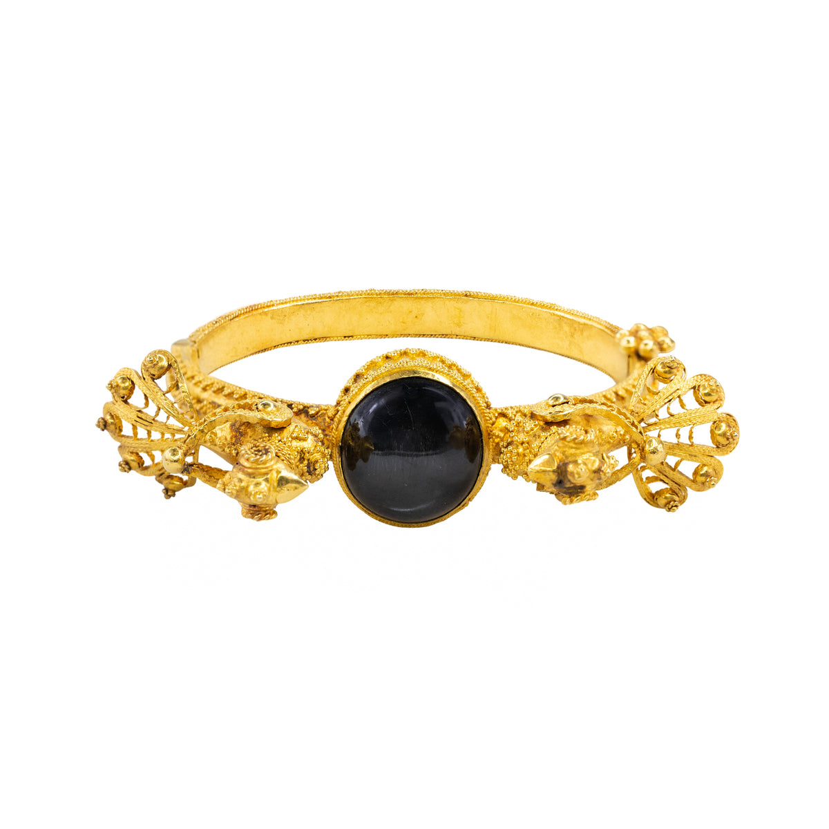 18K Yellow Gold Carved Bird and Black Star Sapphire Bangle Bracelet