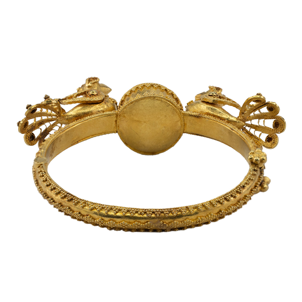18K Yellow Gold Carved Bird and Black Star Sapphire Bangle Bracelet