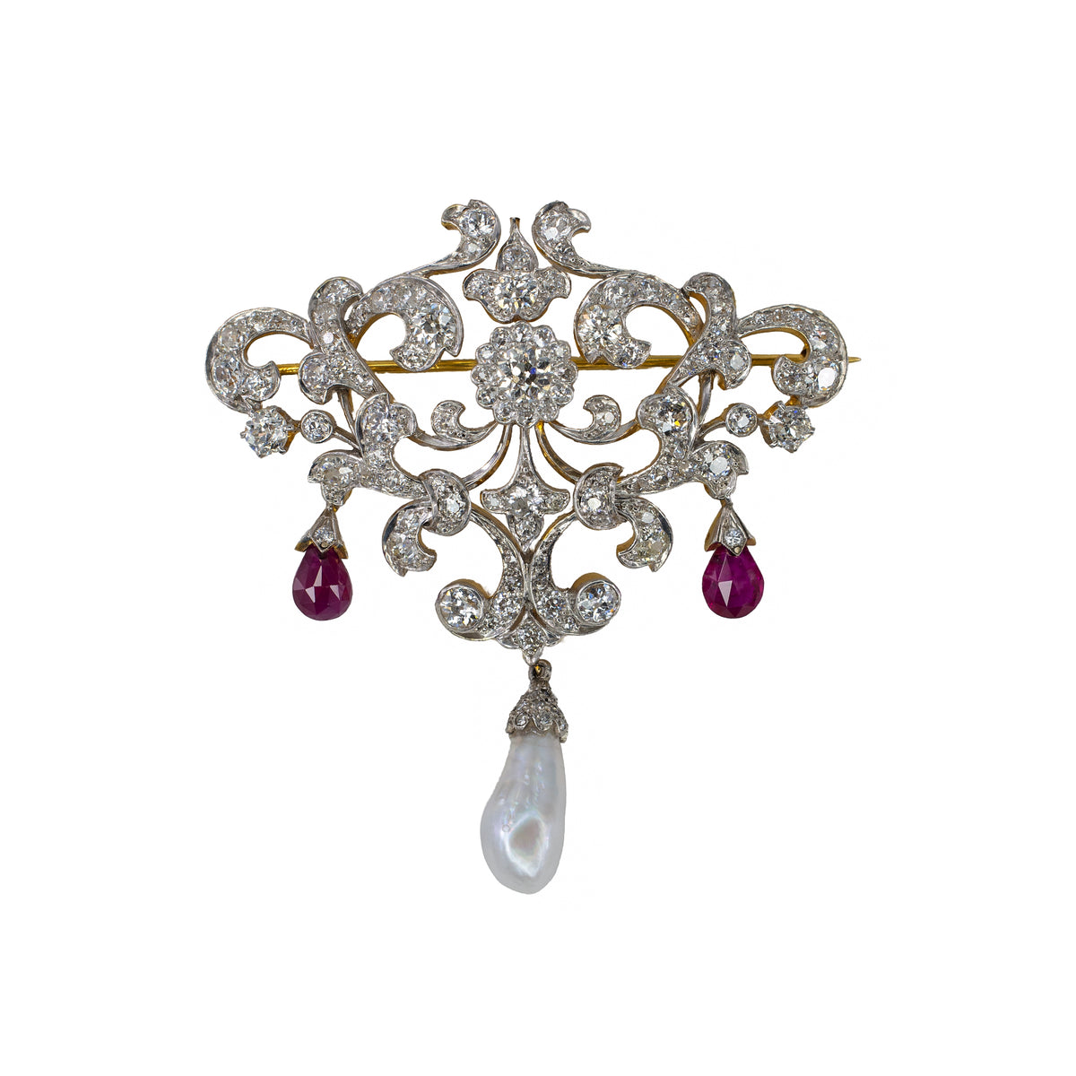 Antique Belle Époque Diamond, Ruby and Cultured Pearl Brooch
