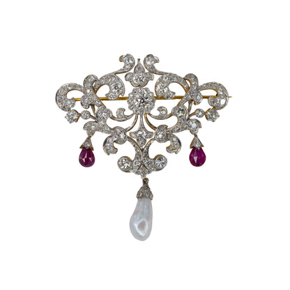 Antique Belle Époque Diamond, Ruby and Cultured Pearl Brooch
