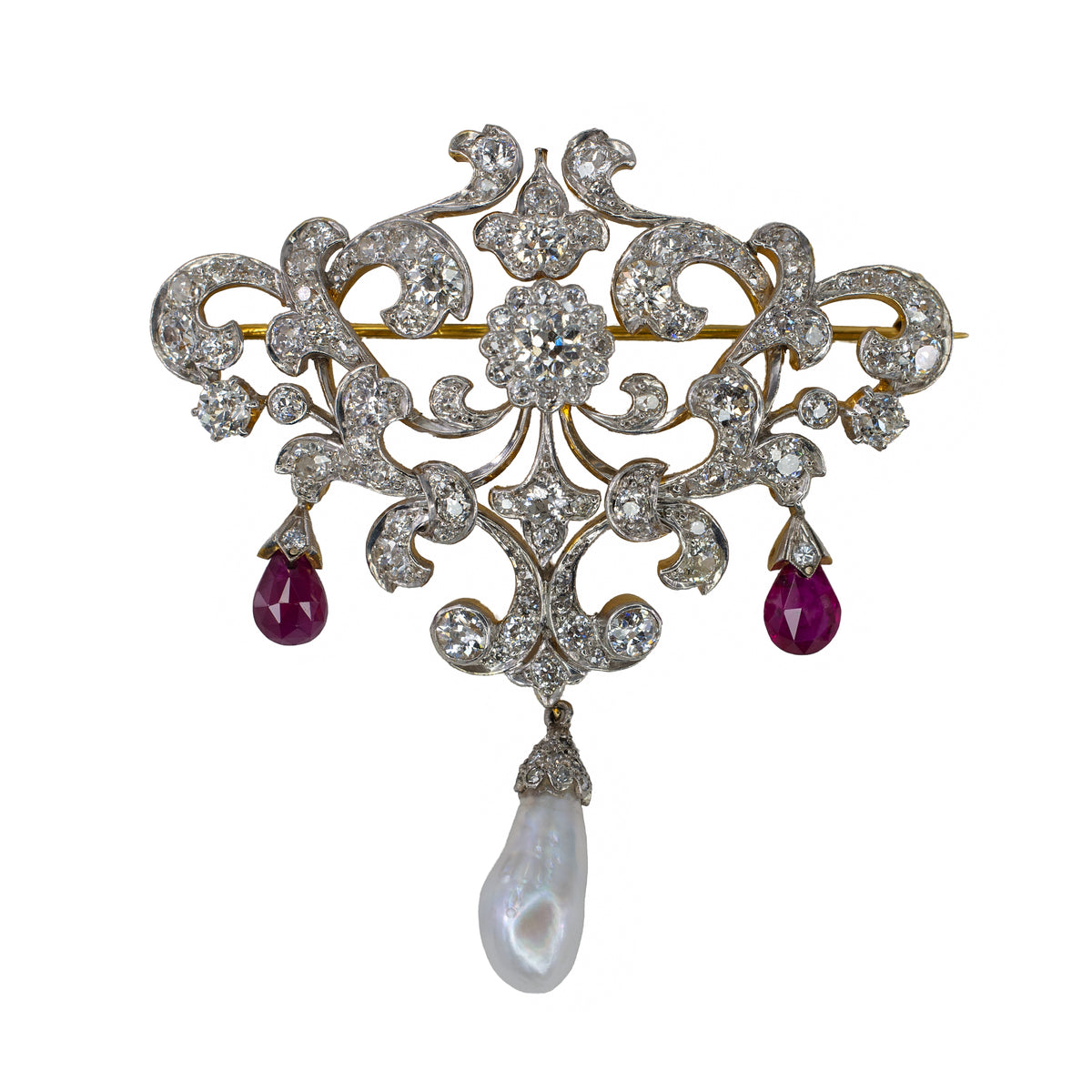 Antique Belle Époque Diamond, Ruby and Cultured Pearl Brooch