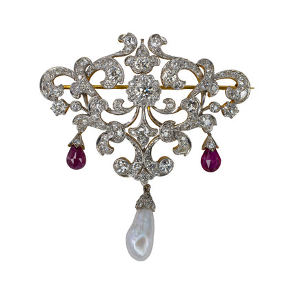 Antique Belle Époque Diamond, Ruby and Cultured Pearl Brooch