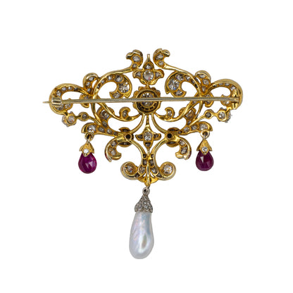 Antique Belle Époque Diamond, Ruby and Cultured Pearl Brooch