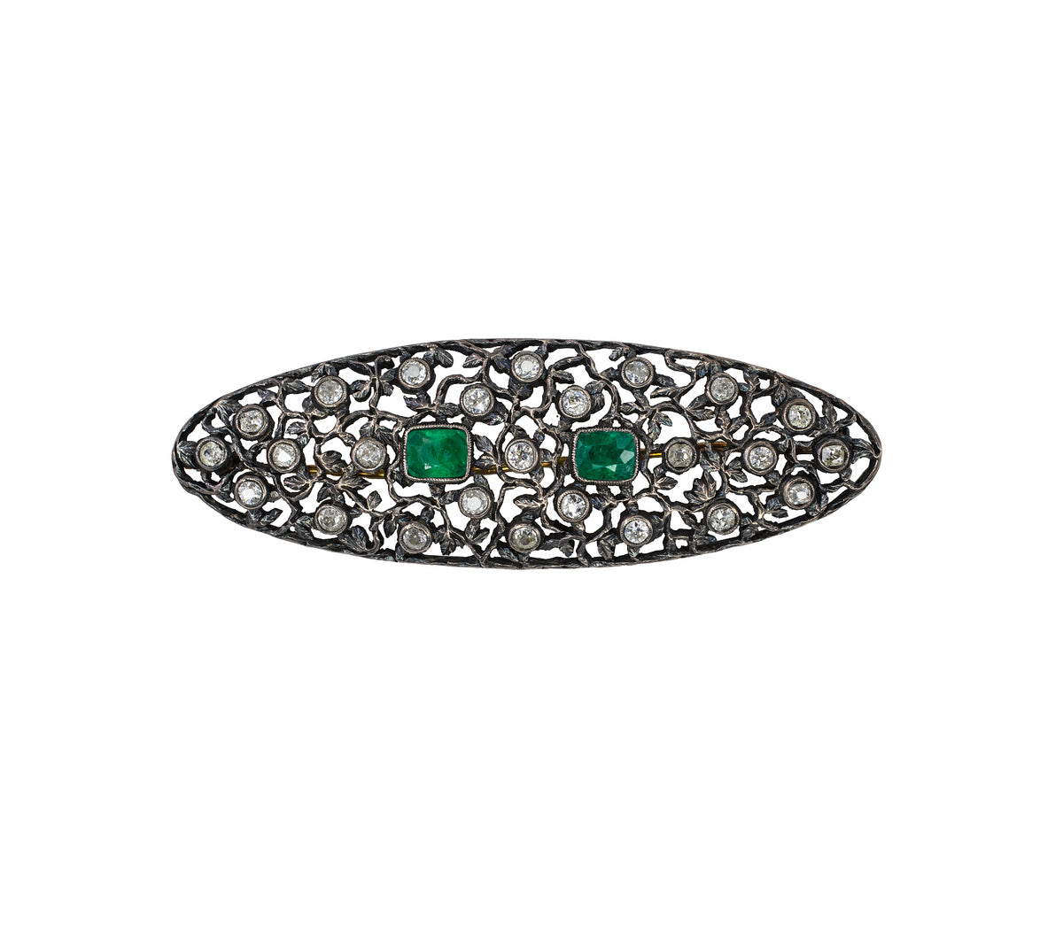 Antique Emerald and Diamond Openwork Foliate Brooch Pin in Silver-Topped Gold