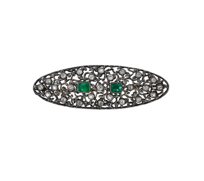 Antique Emerald and Diamond Openwork Foliate Brooch Pin in Silver-Topped Gold