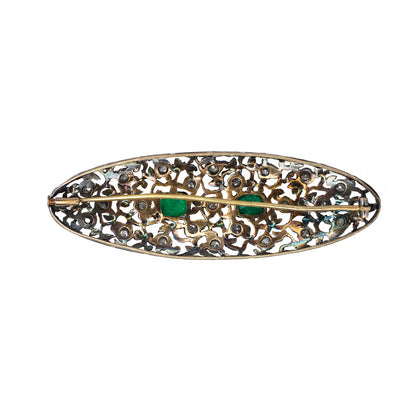 Antique Emerald and Diamond Openwork Foliate Brooch Pin in Silver-Topped Gold