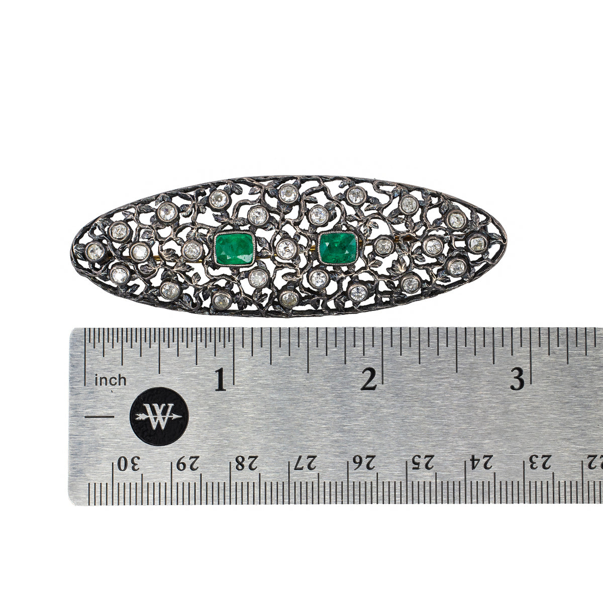 Antique Emerald and Diamond Openwork Foliate Brooch Pin in Silver-Topped Gold