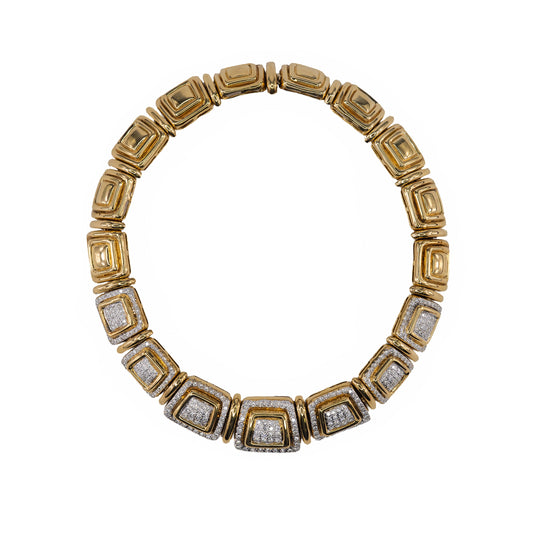 Yellow Gold and Pavé Diamond Square Link Collar Necklace