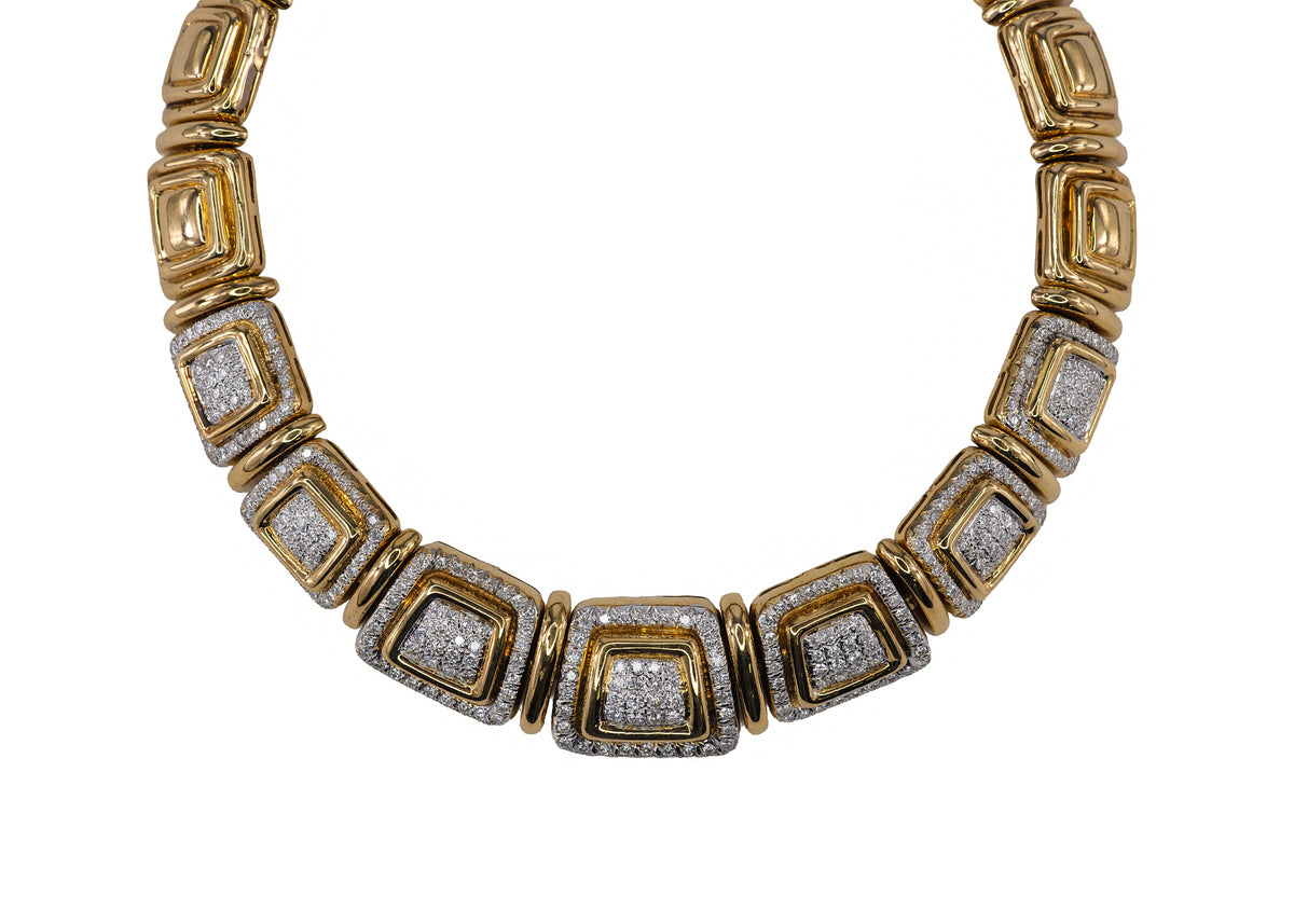 Yellow Gold and Pavé Diamond Square Link Collar Necklace