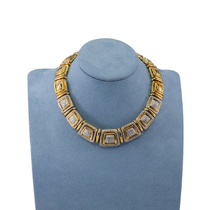 Yellow Gold and Pavé Diamond Square Link Collar Necklace