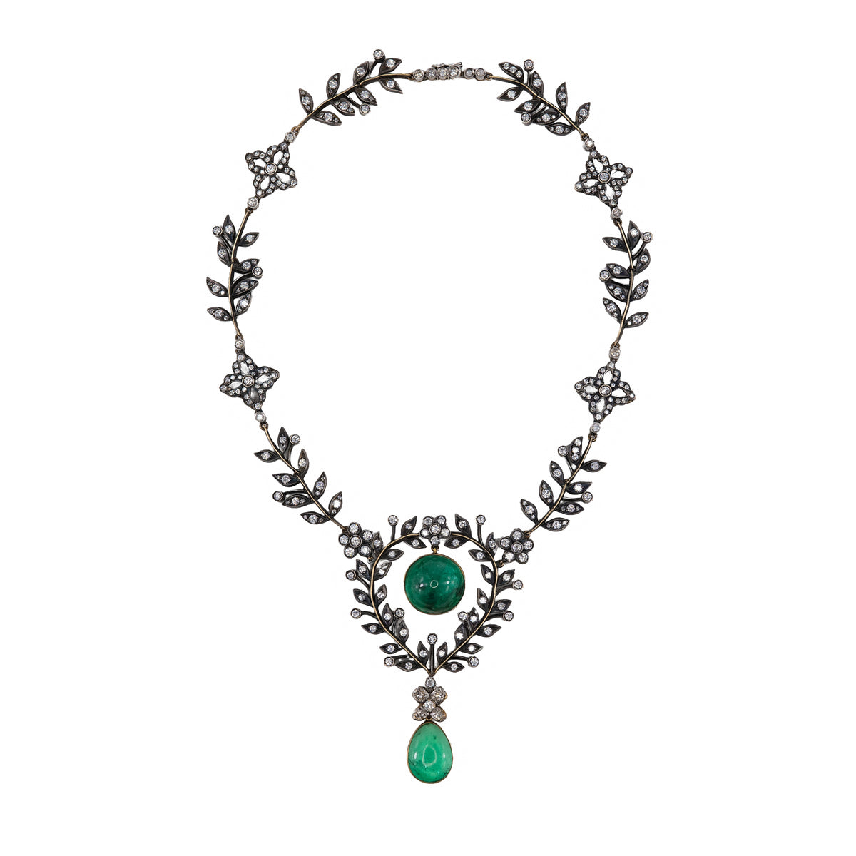 Antique Cabochon Emerald and Diamond Foliate Garland Necklace in Gold and Silver