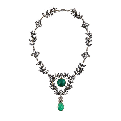 Antique Cabochon Emerald and Diamond Foliate Garland Necklace in Gold and Silver