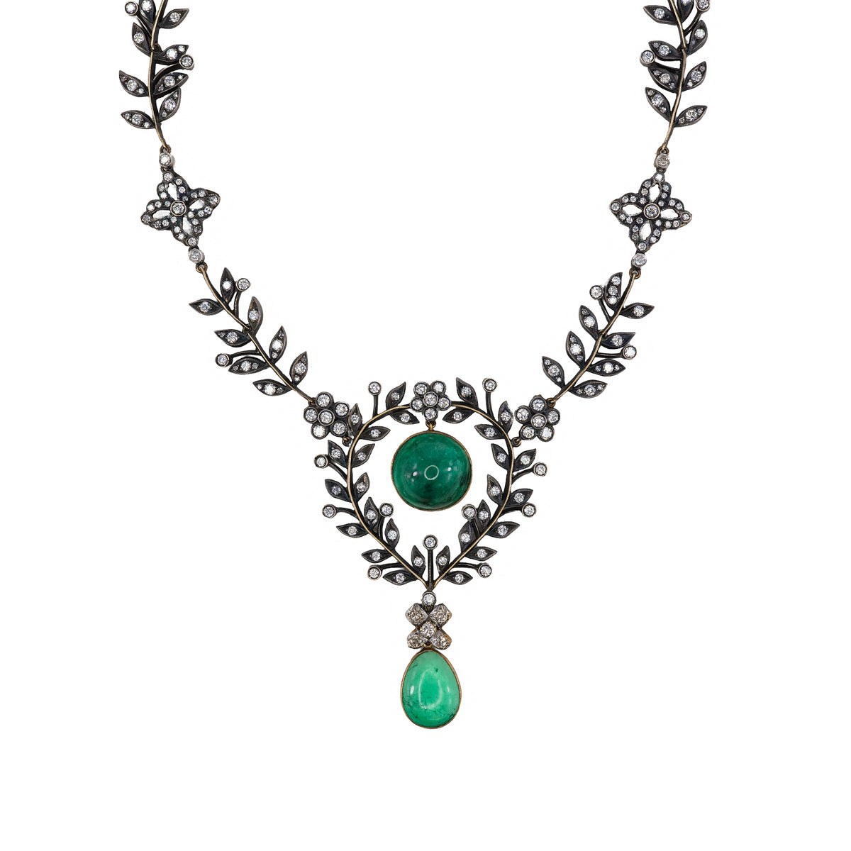 Antique Cabochon Emerald and Diamond Foliate Garland Necklace in Gold and Silver