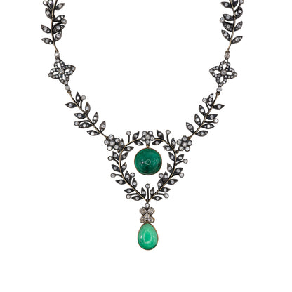 Antique Cabochon Emerald and Diamond Foliate Garland Necklace in Gold and Silver