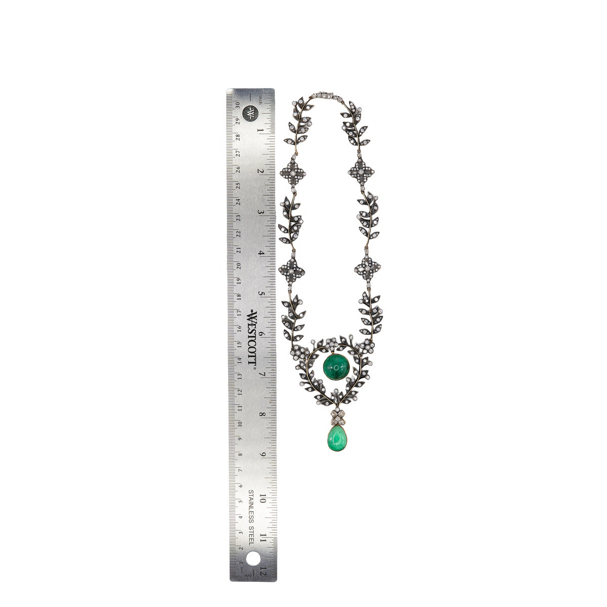 Antique Cabochon Emerald and Diamond Foliate Garland Necklace in Gold and Silver