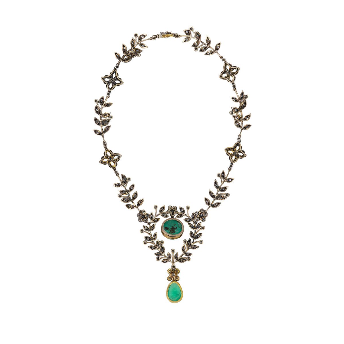 Antique Cabochon Emerald and Diamond Foliate Garland Necklace in Gold and Silver