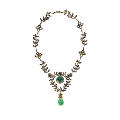 Antique Cabochon Emerald and Diamond Foliate Garland Necklace in Gold and Silver