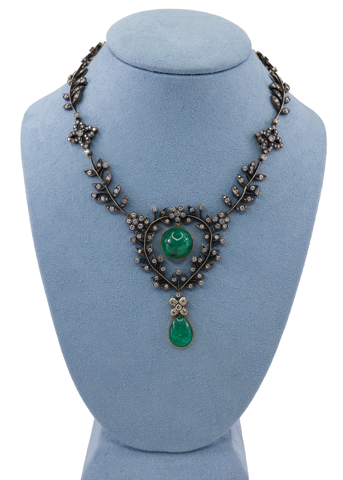 Antique Cabochon Emerald and Diamond Foliate Garland Necklace in Gold and Silver