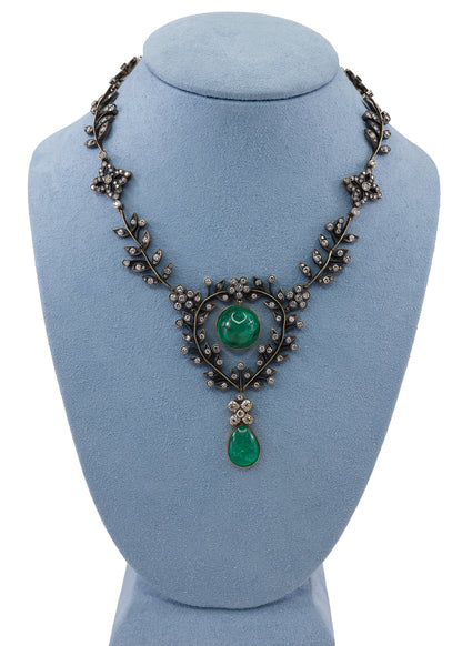 Antique Cabochon Emerald and Diamond Foliate Garland Necklace in Gold and Silver