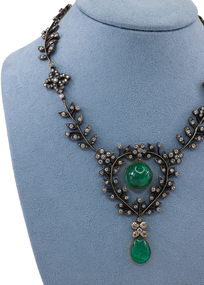 Antique Cabochon Emerald and Diamond Foliate Garland Necklace in Gold and Silver