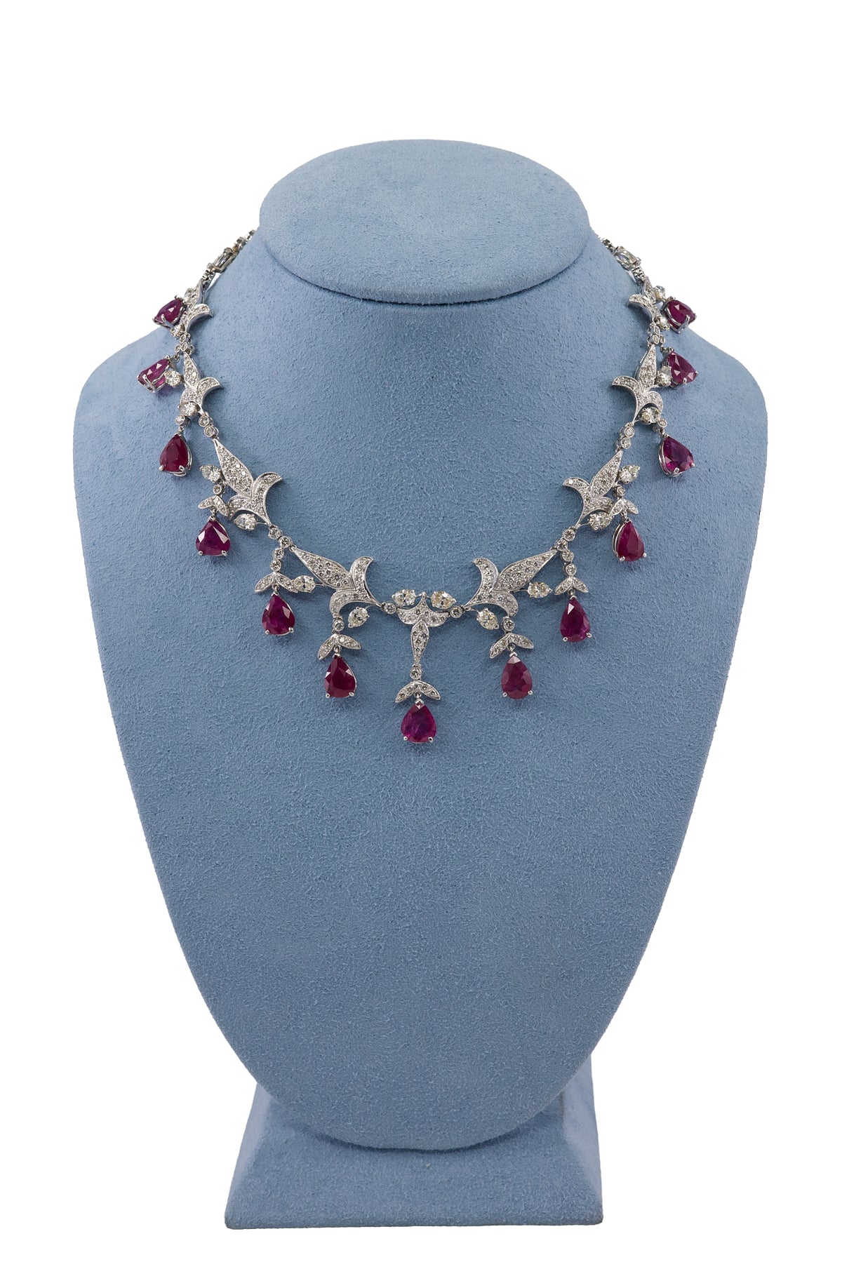 Dangling Pear Cut Ruby and Diamond Fringe Necklace