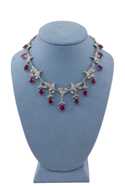 Dangling Pear Cut Ruby and Diamond Fringe Necklace