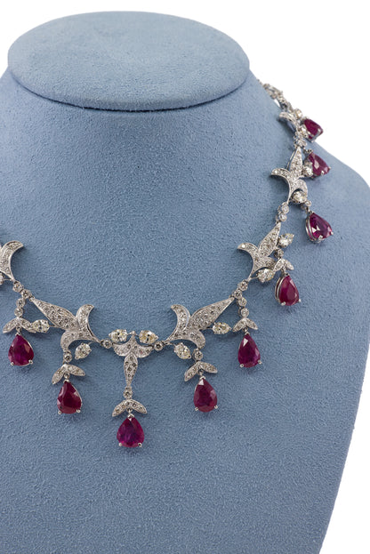 Dangling Pear Cut Ruby and Diamond Fringe Necklace