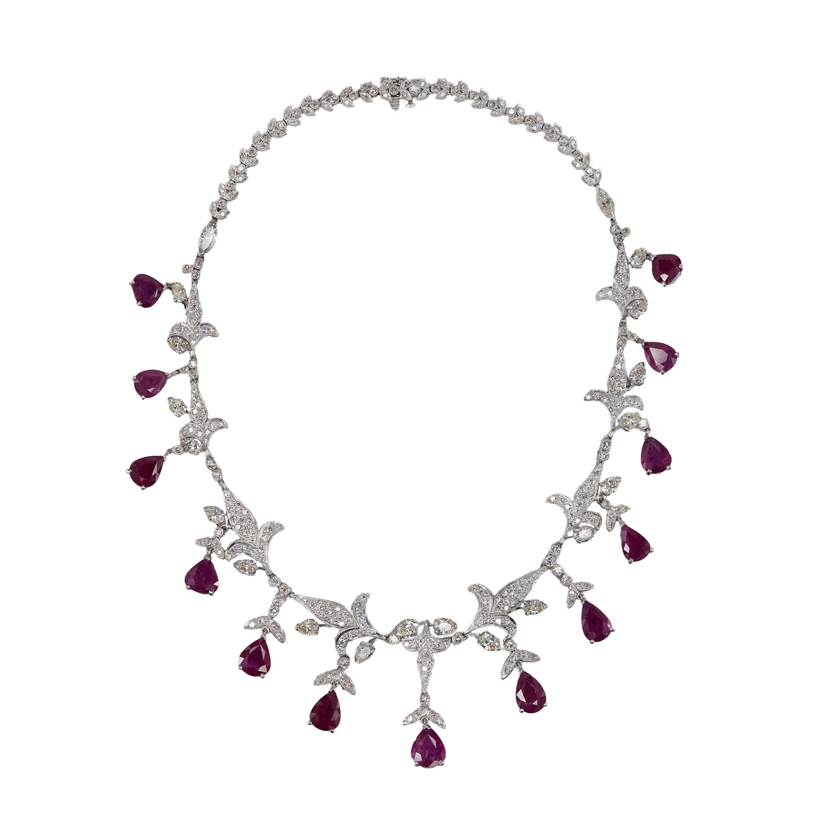 Dangling Pear Cut Ruby and Diamond Fringe Necklace