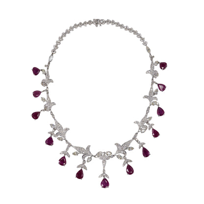 Dangling Pear Cut Ruby and Diamond Fringe Necklace