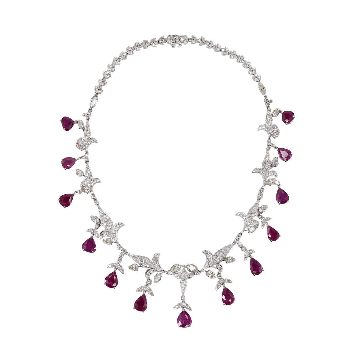Dangling Pear Cut Ruby and Diamond Fringe Necklace