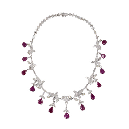 Dangling Pear Cut Ruby and Diamond Fringe Necklace