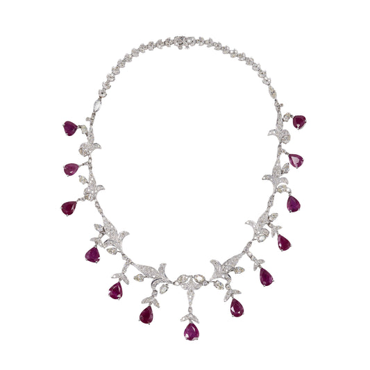 Dangling Pear Cut Ruby and Diamond Fringe Necklace