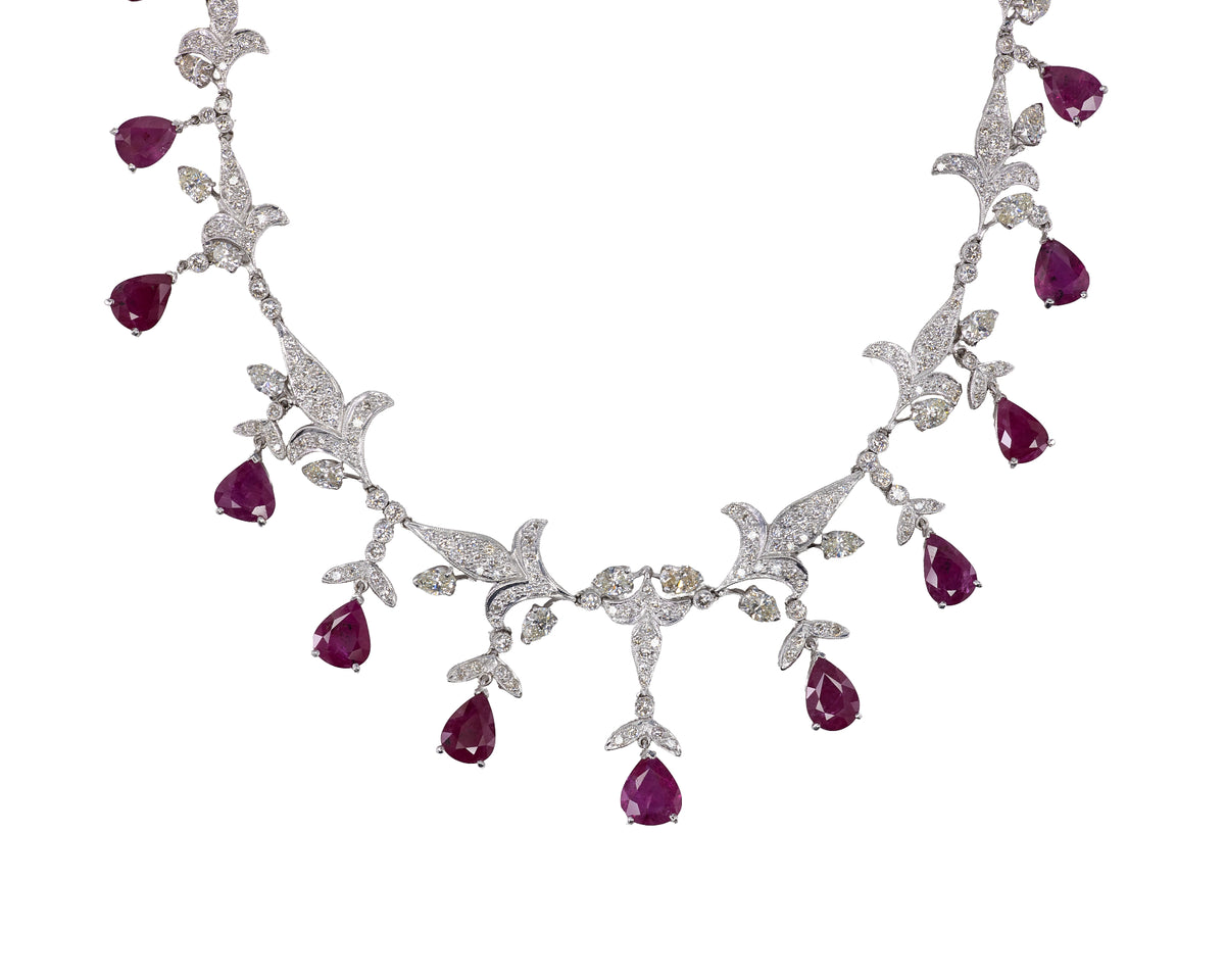 Dangling Pear Cut Ruby and Diamond Fringe Necklace
