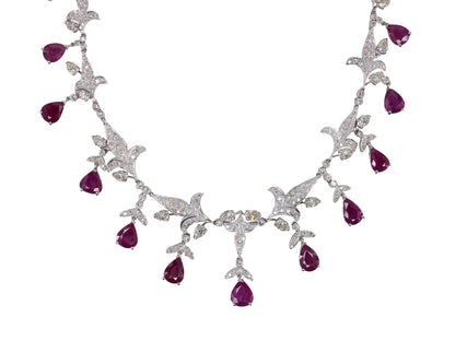 Dangling Pear Cut Ruby and Diamond Fringe Necklace
