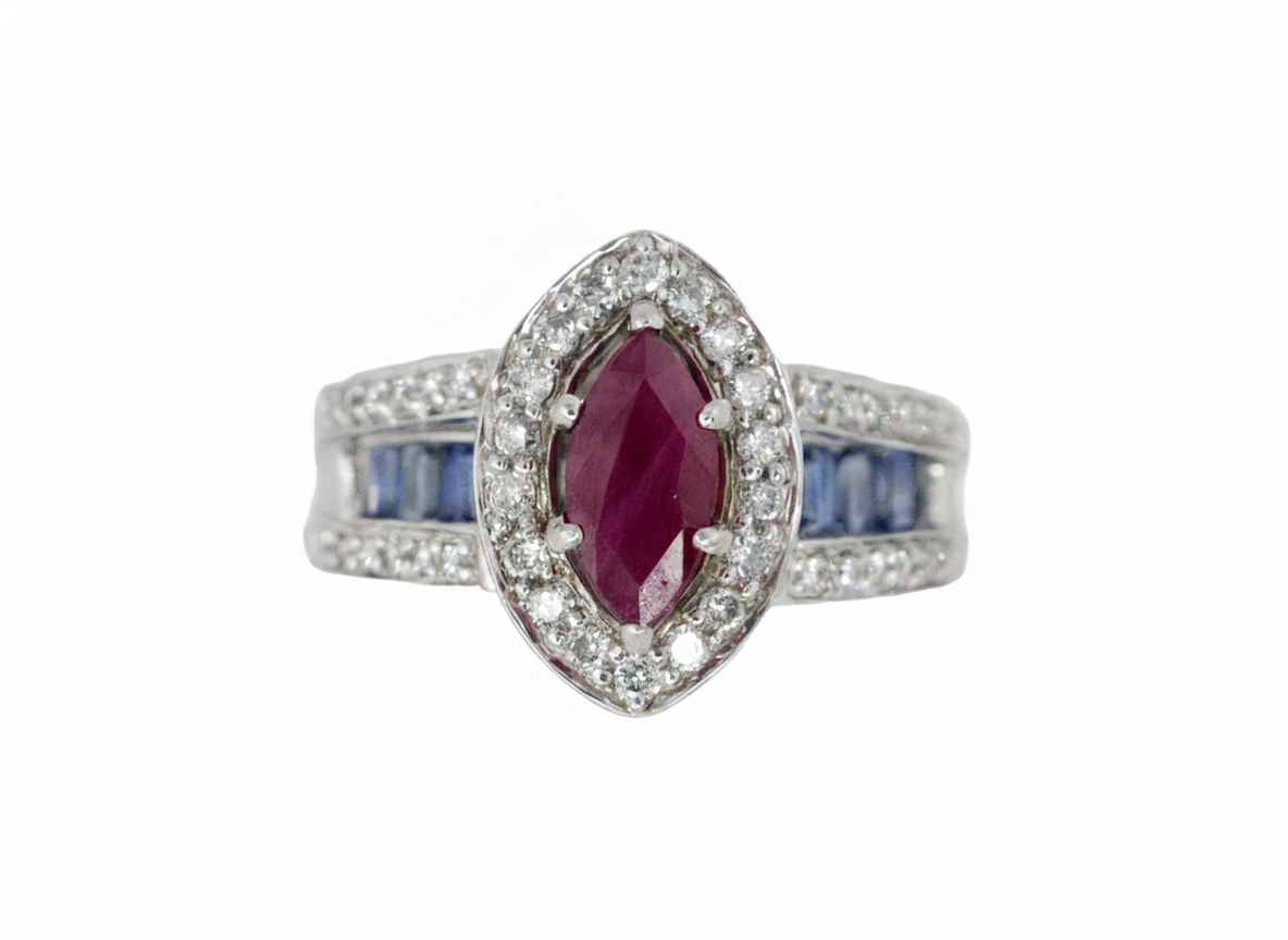 Marquise Ruby with Diamond Halo and Sapphire Channel-Set Band