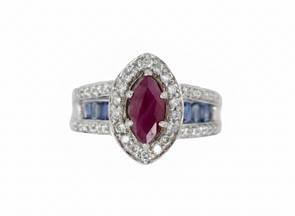 Marquise Ruby with Diamond Halo and Sapphire Channel-Set Band