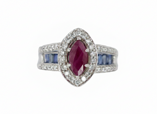 Marquise Ruby with Diamond Halo and Sapphire Channel-Set Band