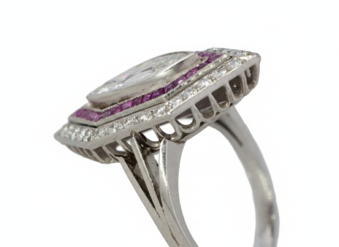 Marquise Diamond with French-Cut Ruby Halo and Diamond Border Ring