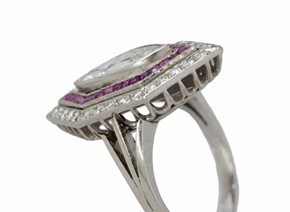 Marquise Diamond with French-Cut Ruby Halo and Diamond Border Ring