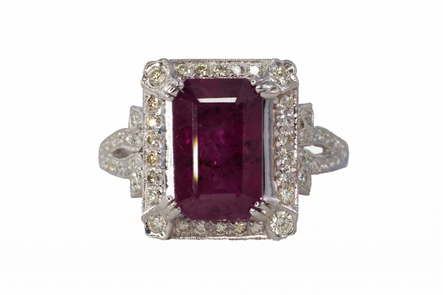 Emerald-Cut Ruby and Diamond Halo Filigree Ring