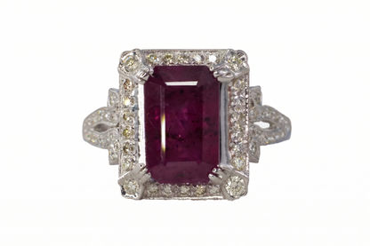 Emerald-Cut Ruby and Diamond Halo Filigree Ring