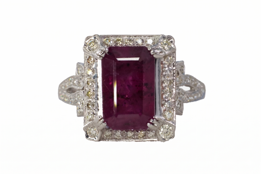 Emerald-Cut Ruby and Diamond Halo Filigree Ring